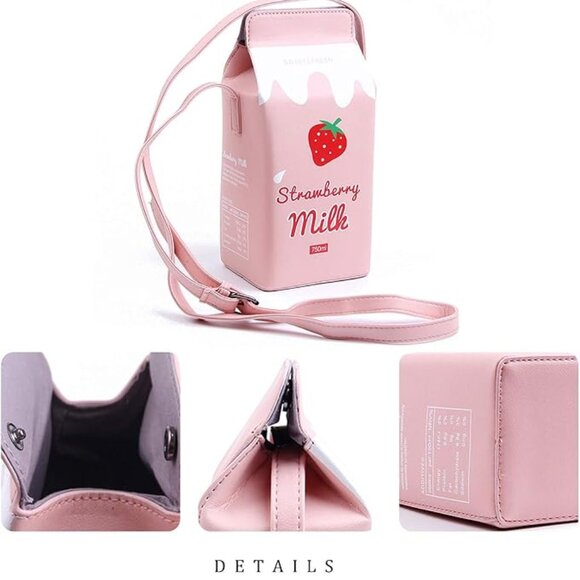 LUI SUI Girl's Fruits Crossbody Pink Bag Purse Strawberry Milk Box Kawaii - Picture 3 of 12